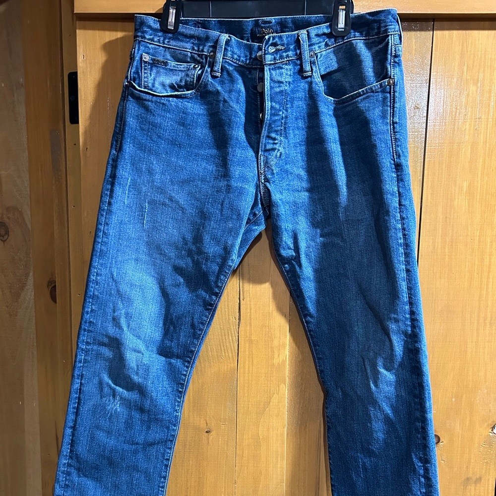Ralph Lauren Varick Slim Straight Dark Wash Distressed Zip fly